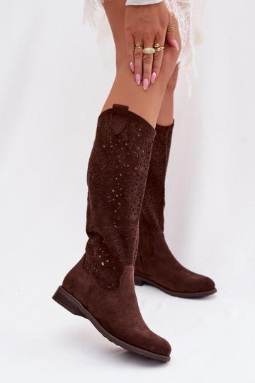 Botas femininas de cano alto com elementos de renda e saltos largos S.Barski HY61-8023, cor chocolate 2