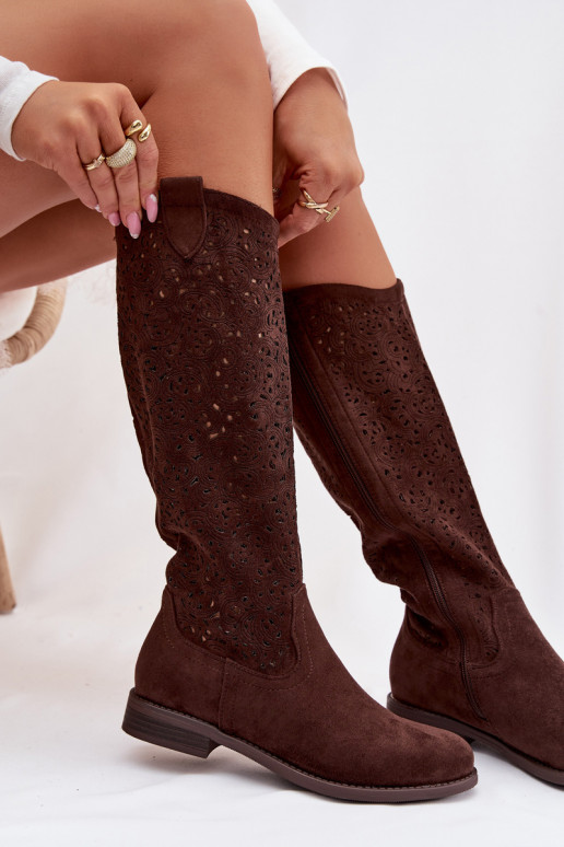 com elementos abertos botas femininas com salto largo S.Barski HY61-8023 CzekoladoParae