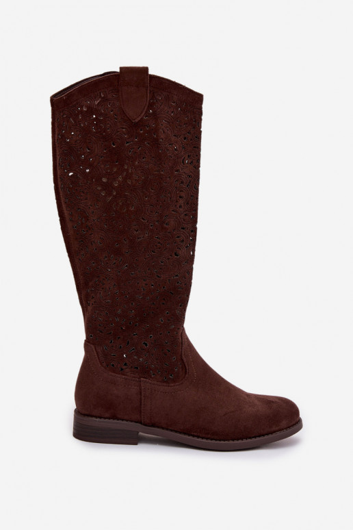 com elementos abertos botas femininas com salto largo S.Barski HY61-8023 CzekoladoParae