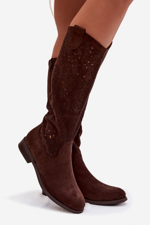 com elementos abertos botas femininas com salto largo S.Barski HY61-8023 CzekoladoParae