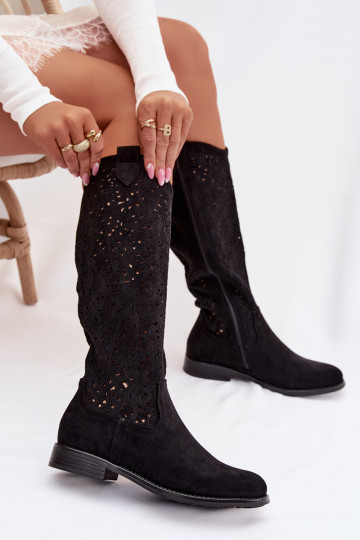 Botas femininas de cano alto com elementos de renda e saltos largos S.Barski HY61-8023, cor preta
