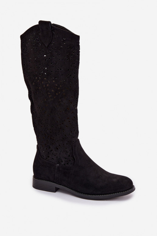 com elementos abertos botas femininas com salto largo S.Barski HY61-8023 cor preta