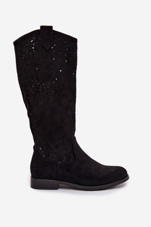 com elementos abertos botas femininas com salto largo S.Barski HY61-8023 cor preta