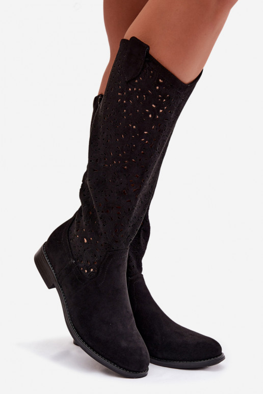 com elementos abertos botas femininas com salto largo S.Barski HY61-8023 cor preta