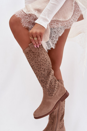 Botas femininas de cano alto com elementos de renda e saltos largos S.Barski HY61-8023, cor areia 2