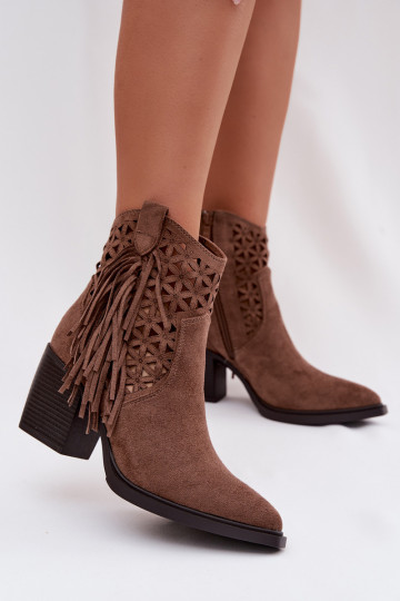 Botas de cano curto femininas estilo cowboy com saltos e franjas cor marrom Calissey