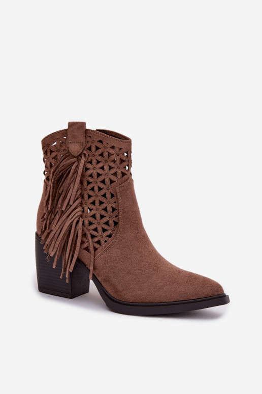 Botas a céu aberto estilo vaqueiro Feminino com salto com franjas cor marrom Calissey