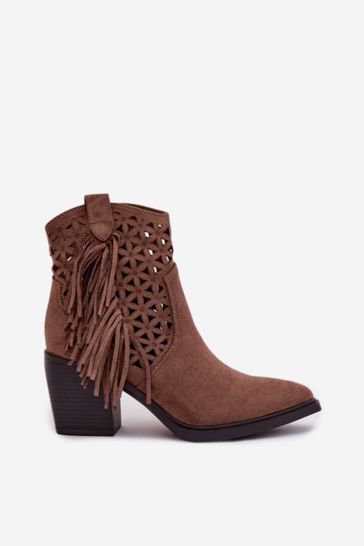 Botas a céu aberto estilo vaqueiro Feminino com salto com franjas cor marrom Calissey