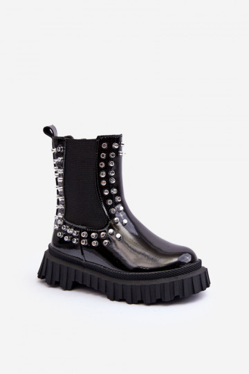 Botas infantis estilosas com efeito de verniz decoradas com strass na cor preta Adelie