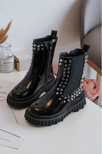 Botas infantis estilosas com efeito de verniz decoradas com strass na cor preta Adelie 2