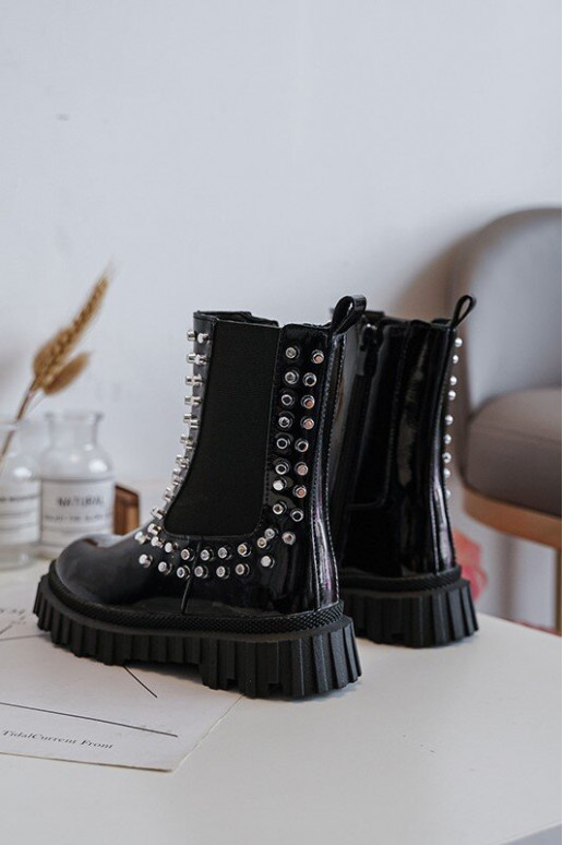 com efeito verniz botas elegantes Infantil Decorado Com strass cor preta Adelie