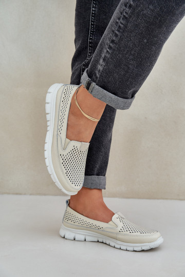 Pele com elementos abertos Mocassins plataforma femininos bege Tanelora