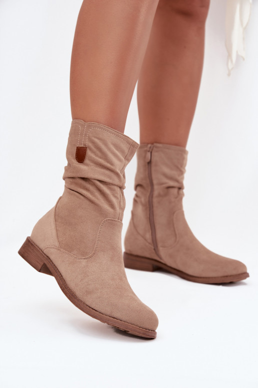 aquecimento Botas femininas Com top enrolado com salto largo bege Krisia