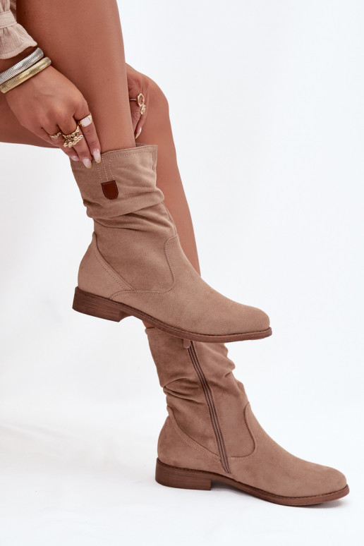 aquecimento Botas femininas Com top enrolado com salto largo bege Krisia