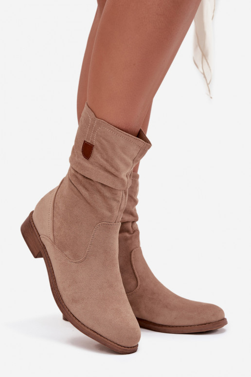 aquecimento Botas femininas Com top enrolado com salto largo bege Krisia