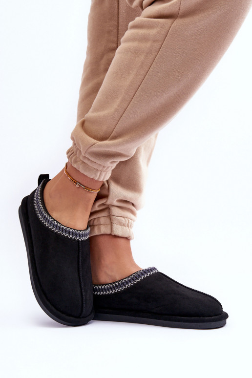 Feminino de camurça chinelos com um casaco de pele cor preta Polinna