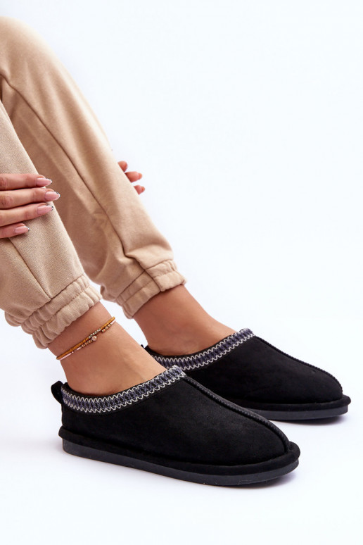 Feminino de camurça chinelos com um casaco de pele cor preta Polinna