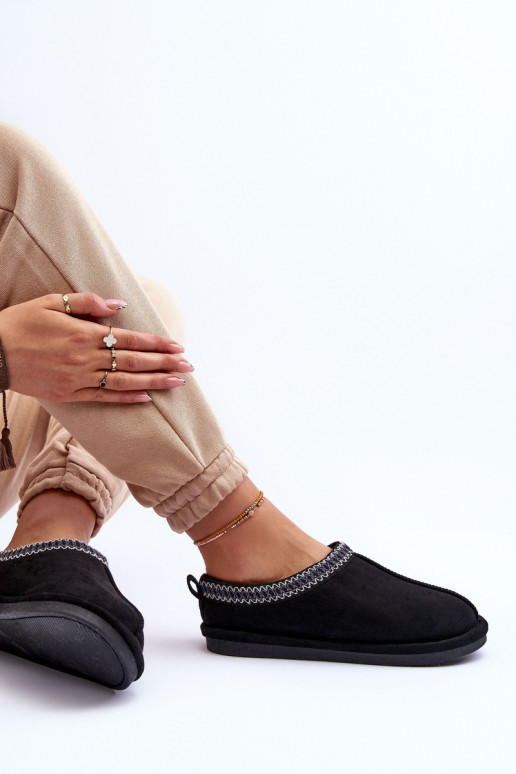 Feminino de camurça chinelos com um casaco de pele cor preta Polinna