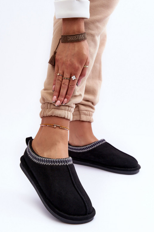 Feminino de camurça chinelos com um casaco de pele cor preta Polinna