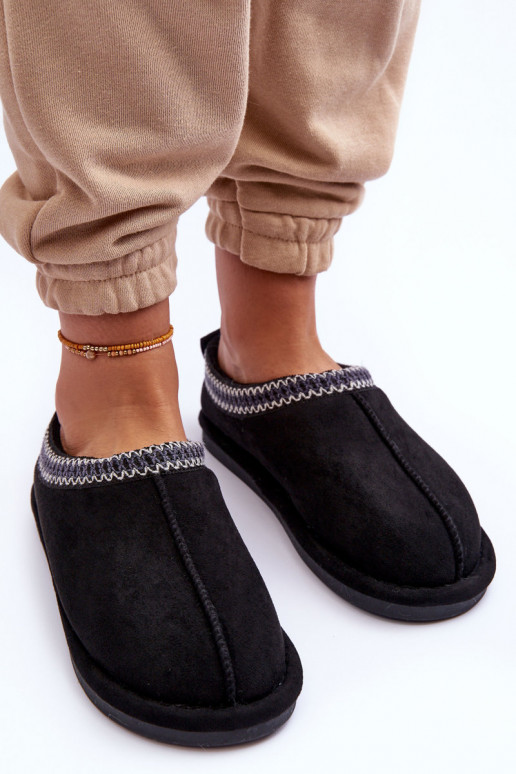 Feminino de camurça chinelos com um casaco de pele cor preta Polinna