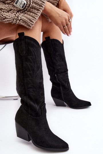 Feminino botas estilo vaqueiro com salto cor preta Sloana
