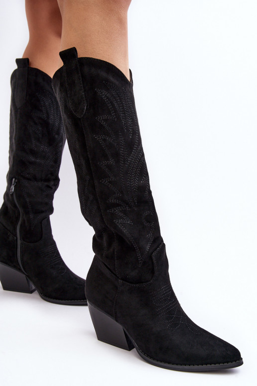 Feminino botas estilo vaqueiro com salto cor preta Sloana