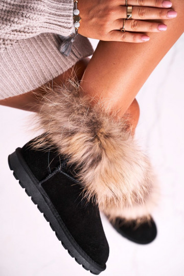 Botas femininas de couro para neve com pelinho na cor preta Alexa