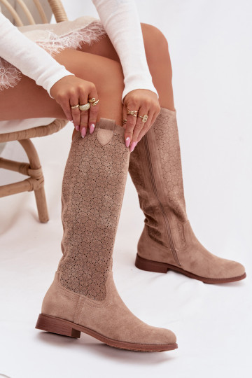 Botas femininas de cano alto com elementos de renda e saltos largos S.Barski HY61-8022, cor areia