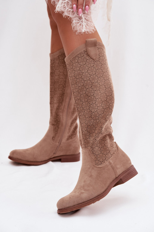 Botas femininas de cano alto com elementos de renda e saltos largos S.Barski HY61-8022, cor areia