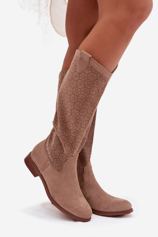Botas femininas de cano alto com elementos de renda e saltos largos S.Barski HY61-8022, cor areia