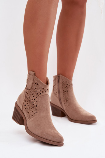Botinhas femininas de renda estilo cowboy com saltos S.Barski HY61-8012, cor areia