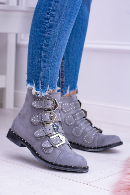 Lu Boo cor cinza Botas Virginia Rock Star com rebites com fivelas de camurça