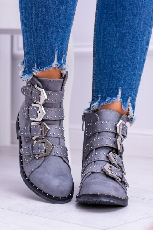 Lu Boo cor cinza Botas Virginia Rock Star com rebites com fivelas de camurça