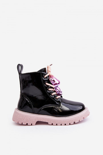 com efeito verniz Botas Infantil aquecimento com enfeites Preto e-cor rosa Bunnyjoy
