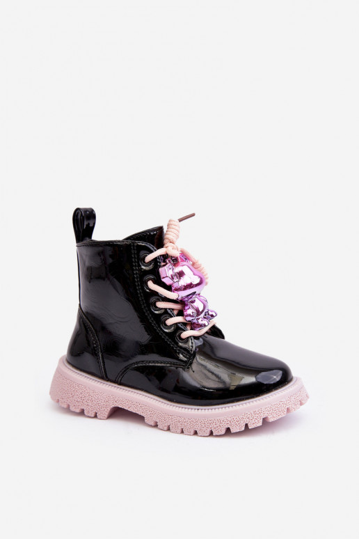 com efeito verniz Botas Infantil aquecimento com enfeites Preto e-cor rosa Bunnyjoy