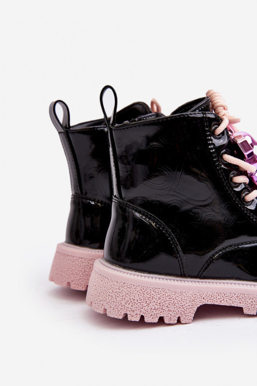 com efeito verniz Botas Infantil aquecimento com enfeites Preto e-cor rosa Bunnyjoy