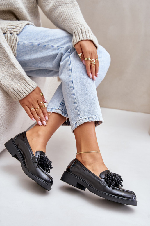 Feminino Mocassins com efeito verniz S.Barski HY369A cor preta