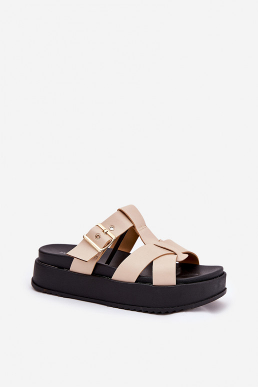 Chinelos femininos com uma plataforma com listras I com fivelas bege Elimessa