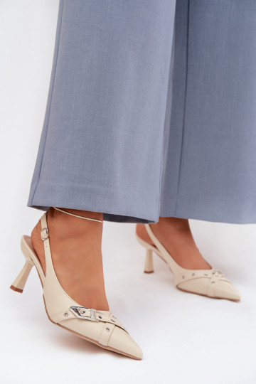 Sandálias femininas com salto fino com listras I com fivelas bege Parina 2