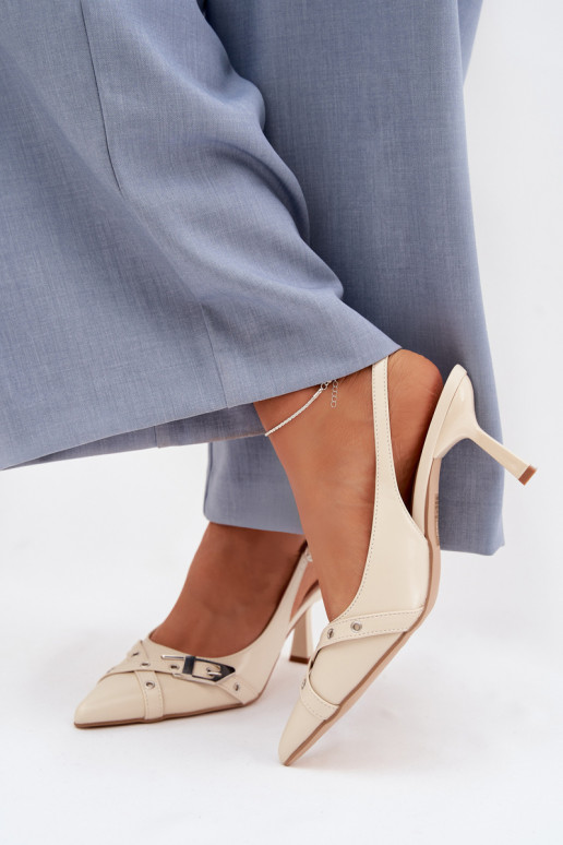 Sandálias femininas com salto fino com listras I com fivelas bege Parina