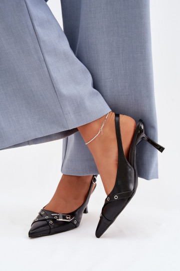 Sandálias femininas com salto fino com listras I com fivelas cor preta Parina 2