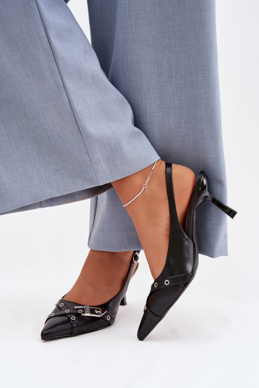 Sandálias femininas com salto fino com listras I com fivelas cor preta Parina