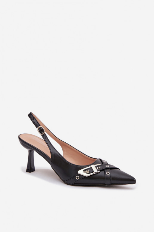 Sandálias femininas com salto fino com listras I com fivelas cor preta Parina