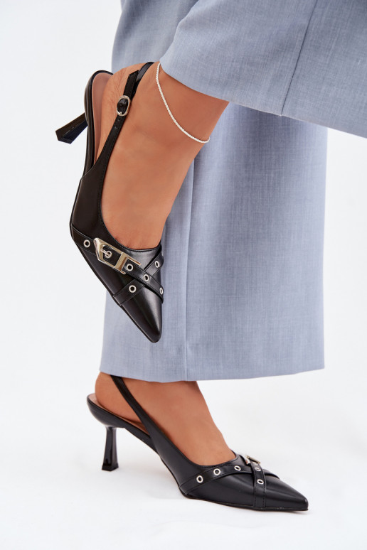 Sandálias femininas com salto fino com listras I com fivelas cor preta Parina