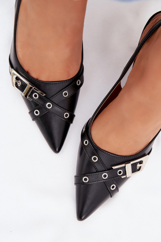 Sandálias femininas com salto fino com listras I com fivelas cor preta Parina