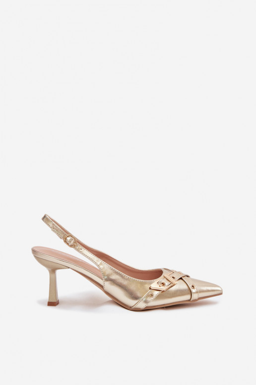 Sandálias femininas com salto fino com listras I com fivelas cor dourada Parina