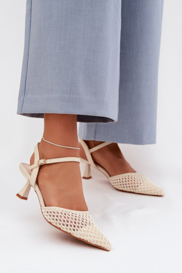 Sandálias femininas com salto com malha cor de marfim Brilora