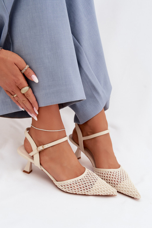Sandálias femininas com salto com malha cor de marfim Brilora