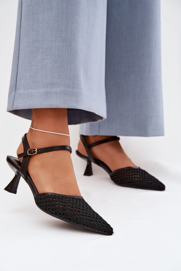 Sandálias femininas com salto com malha cor preta Brilora
