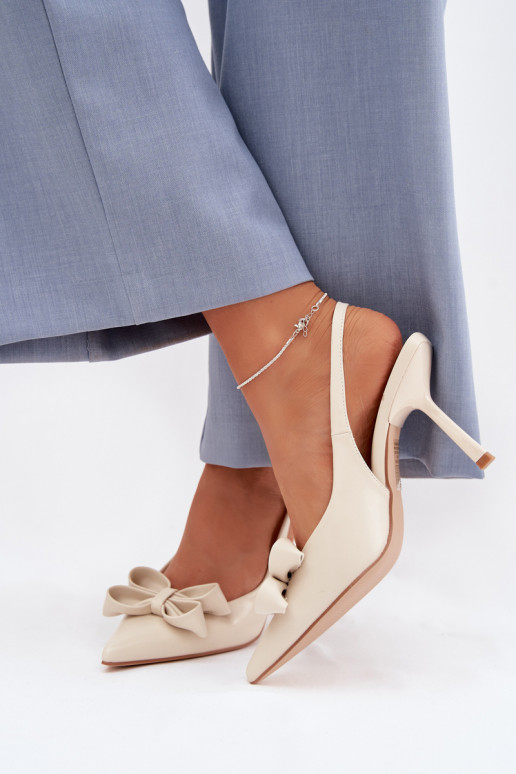 Sandálias femininas com salto fino com fitas bege Jonera